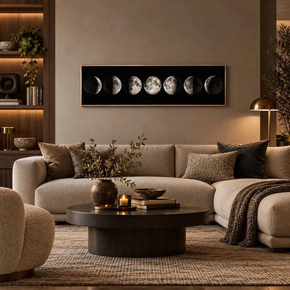 Fase lunare nera quadro su tela con cornice oro minimalista con fasi della luna sfondo bianco e nero arredamento moderno