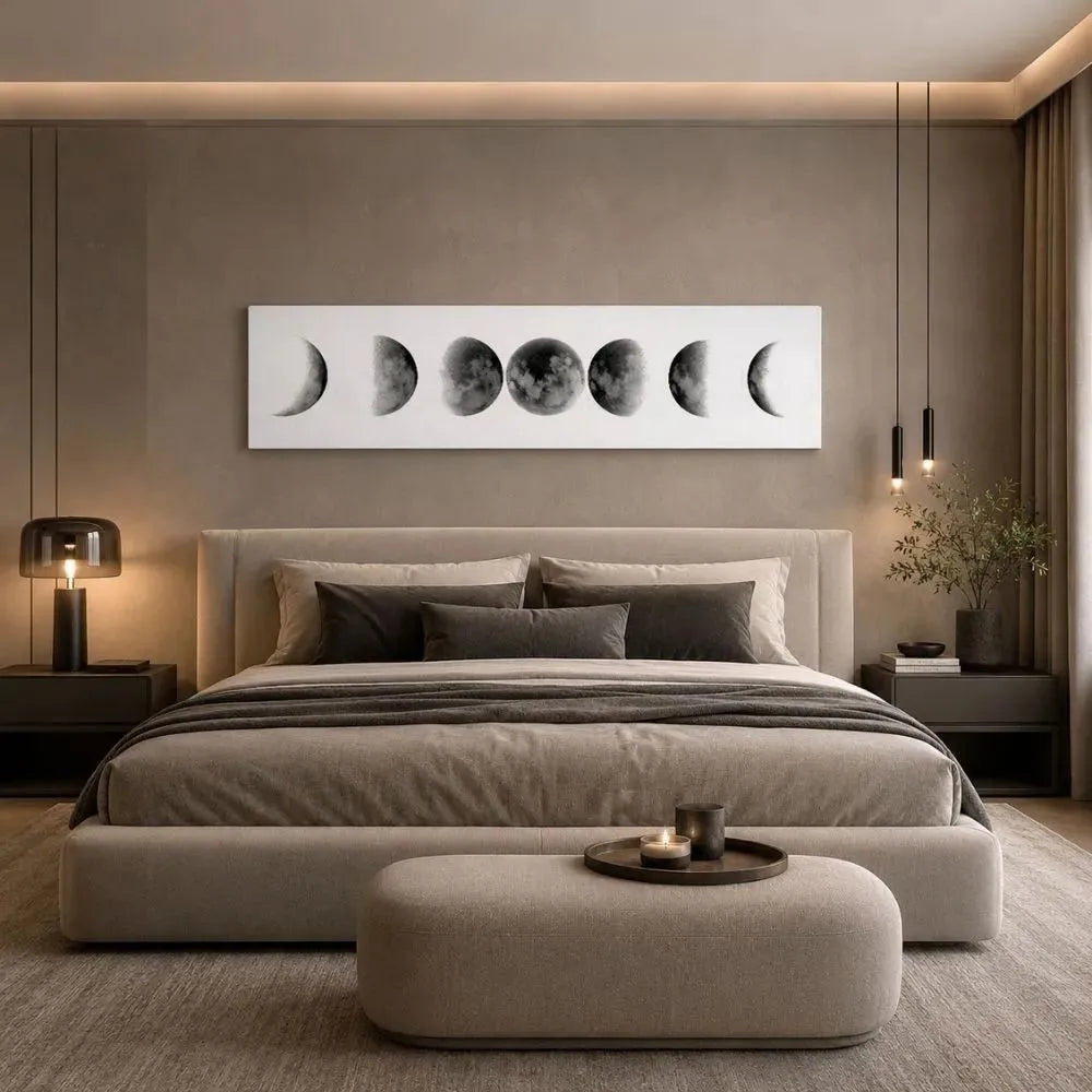 Fase lunare Bianca quadro su tela con cornice bianca minimalista con fasi della luna sfondo bianco e nero arredamento moderno