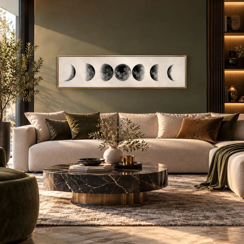Fase lunare Bianca quadro su tela con cornice oro minimalista con fasi della luna sfondo bianco e nero arredamento moderno