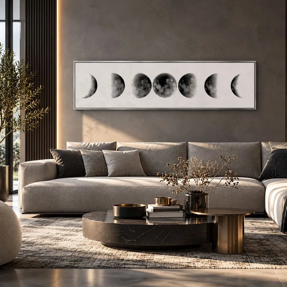 Fase lunare Bianca quadro su tela con cornice argento minimalista con fasi della luna sfondo bianco e nero arredamento moderno