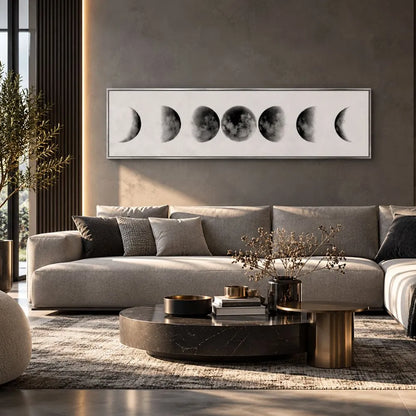 Fase lunare Bianca quadro su tela con cornice argento minimalista con fasi della luna sfondo bianco e nero arredamento moderno