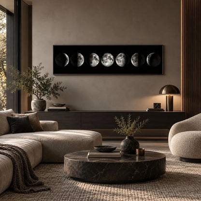 Fase lunare nera quadro su tela con cornice nera minimalista con fasi della luna sfondo bianco e nero arredamento moderno