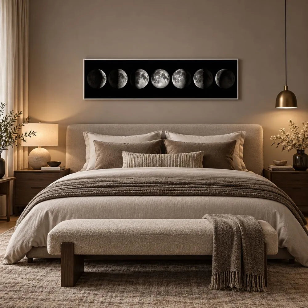 Fase lunare nera quadro su tela con cornice bianca minimalista con fasi della luna sfondo bianco e nero arredamento moderno