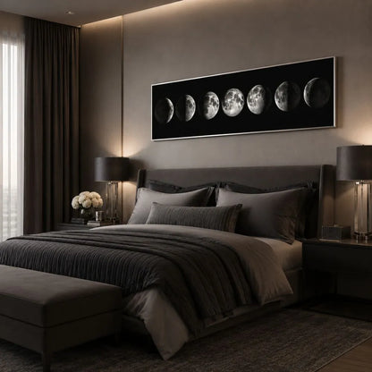 Fase lunare nera quadro su tela con cornice argento minimalista con fasi della luna sfondo bianco e nero arredamento moderno
