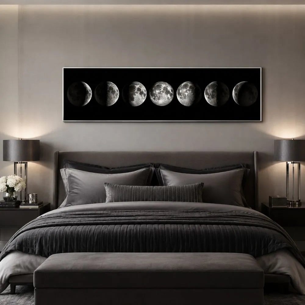 Fase lunare nera quadro su tela con cornice argento minimalista con fasi della luna sfondo bianco e nero arredamento moderno