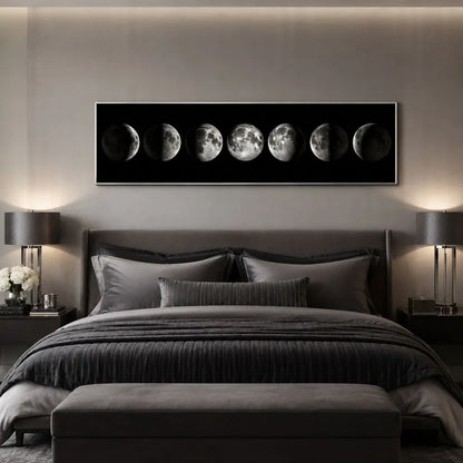 Fase lunare nera quadro su tela con cornice argento minimalista con fasi della luna sfondo bianco e nero arredamento moderno