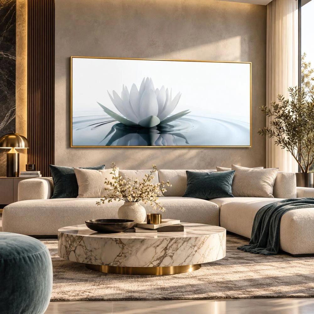 Quadro su tela Fiore di Loto con fiore di loto bianco e riflessi sull’acqua, cornice oro minimal in ambiente moderno elegante