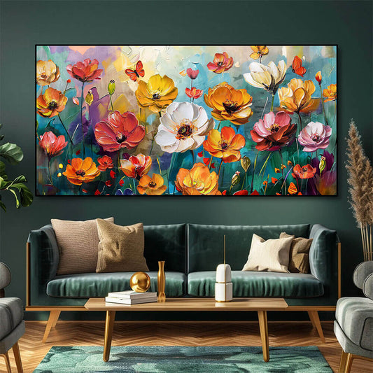 Fiori in Esplosione di Colore quadro: quadro moderno colorato con fiori astratti e pennellate dinamiche. Stampa su tela astratta fiori per un arredo vivace ed elegante.