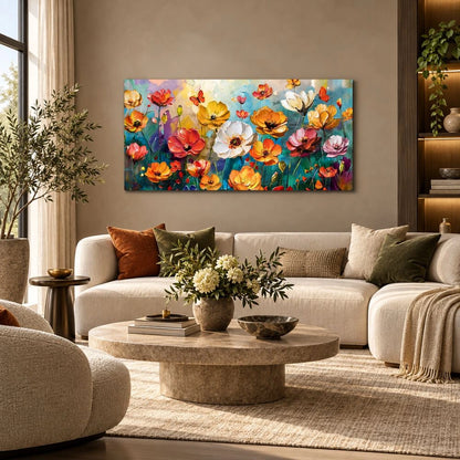 Fiori in Esplosione di Colore quadro su tela moderno colorato con fiori astratti e pennellate dinamiche. Stampa su tela astratta fiori per un arredo vivace ed elegante.