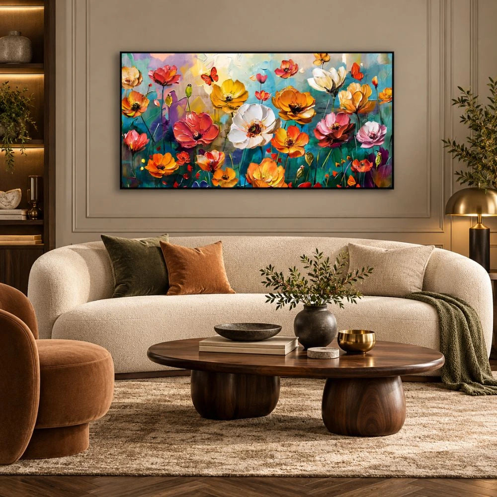 Fiori in Esplosione di Colore quadro su tela con cornice nera moderno colorato con fiori astratti e pennellate dinamiche. Stampa su tela astratta fiori per un arredo vivace ed elegante.