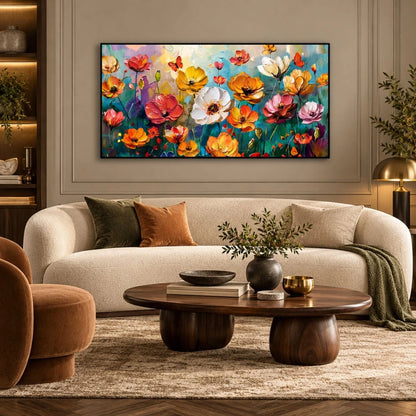 Fiori in Esplosione di Colore quadro su tela con cornice nera moderno colorato con fiori astratti e pennellate dinamiche. Stampa su tela astratta fiori per un arredo vivace ed elegante.