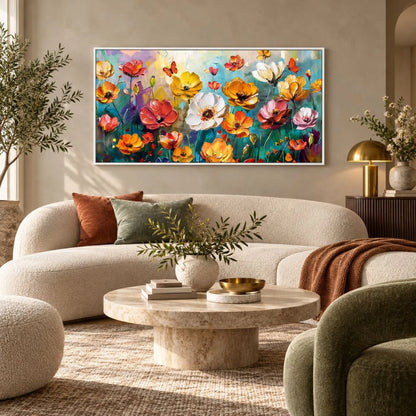 Fiori in Esplosione di Colore quadro su tela con cornice bianca moderno colorato con fiori astratti e pennellate dinamiche. Stampa su tela astratta fiori per un arredo vivace ed elegante.