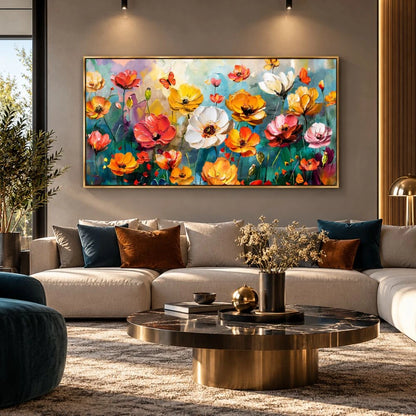 Fiori in Esplosione di Colore quadro su tela con cornice oro moderno colorato con fiori astratti e pennellate dinamiche. Stampa su tela astratta fiori per un arredo vivace ed elegante.