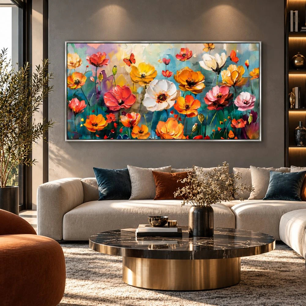 Fiori in Esplosione di Colore quadro su tela con cornice argento moderno colorato con fiori astratti e pennellate dinamiche. Stampa su tela astratta fiori per un arredo vivace ed elegante.