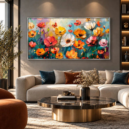 Fiori in Esplosione di Colore quadro su tela con cornice argento moderno colorato con fiori astratti e pennellate dinamiche. Stampa su tela astratta fiori per un arredo vivace ed elegante.