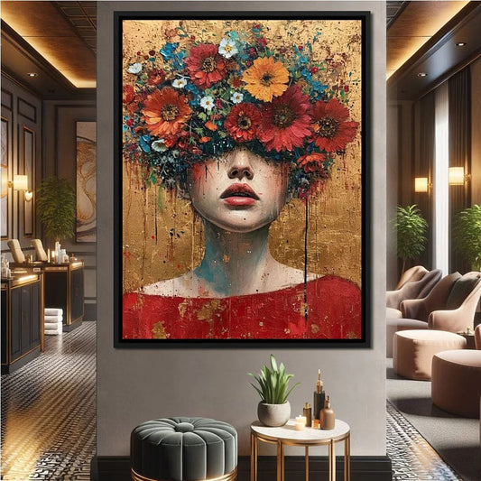 Ritratto di donna con cappello elegante, occhi coperti da fiori delicati, atmosfera calma e poetica.