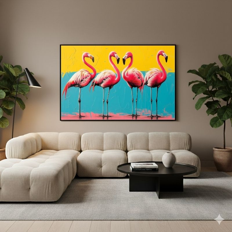 Quadro moderno su tela con quattro fenicotteri rosa su sfondo giallo e turchese, stile pop art per arredare con colore e originalità