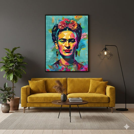 Ritratto di Frida Kahlo Pop Art su quadro su tela Pop Art, caratterizzato da colori audaci e vivaci. Una moderna opera di arte moderna su tela ideale per arredi contemporanei.