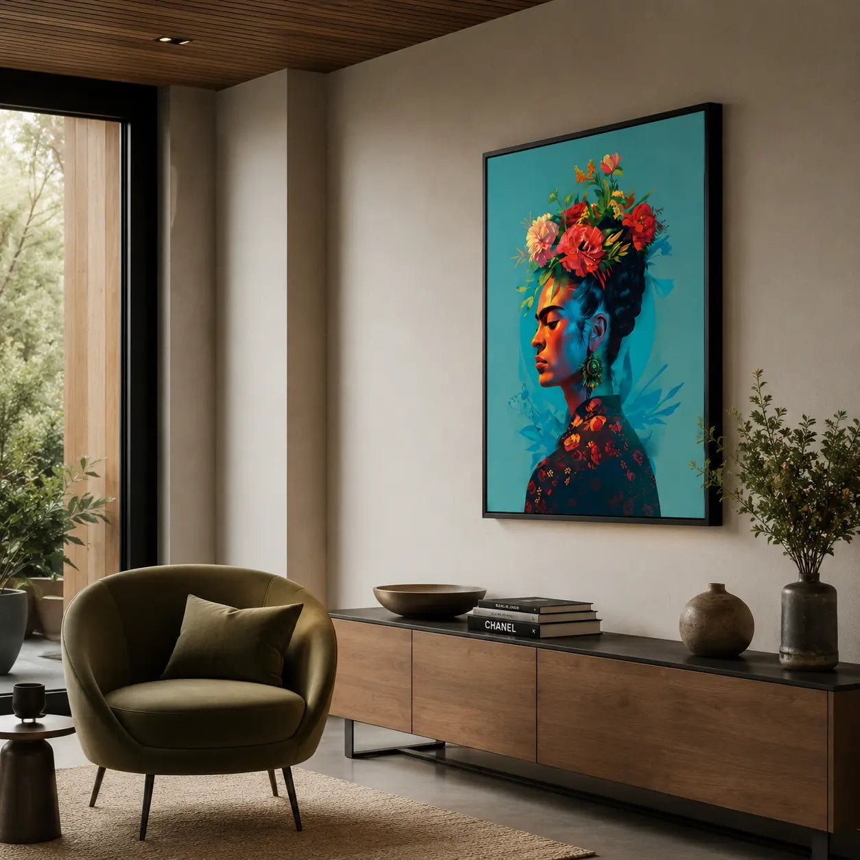 Dettagliato Frida Kahlo Ritratto Floreale su tela, con la pittrice circondata da una ricca stampa su tela botanica su sfondo scuro. Ideale per quadri moderni Frida Kahlo da salotto.