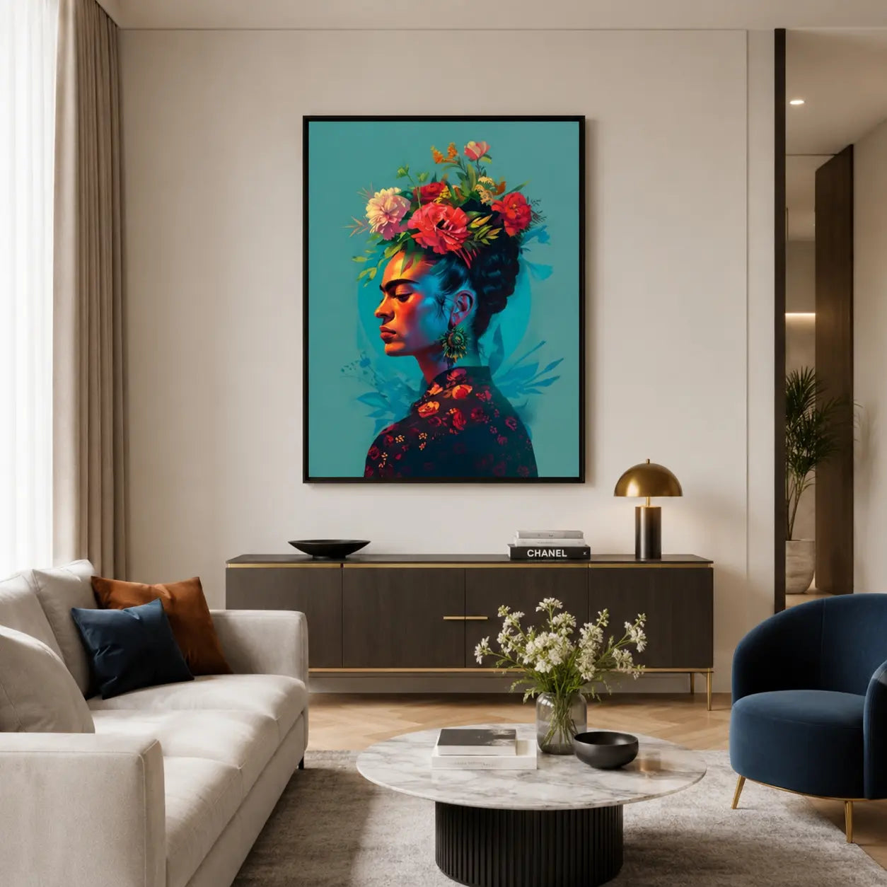 Dettagliato Frida Kahlo Ritratto Floreale su tela, con la pittrice circondata da una ricca stampa su tela botanica su sfondo scuro. Ideale per quadri moderni Frida Kahlo da salotto.