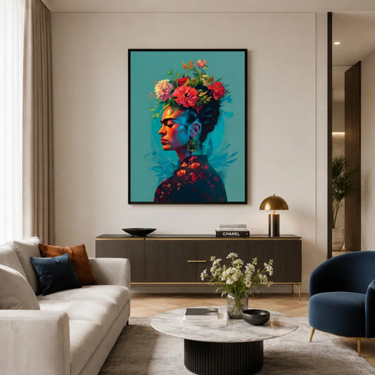 Dettagliato Frida Kahlo Ritratto Floreale su tela, con la pittrice circondata da una ricca stampa su tela botanica su sfondo scuro. Ideale per quadri moderni Frida Kahlo da salotto.