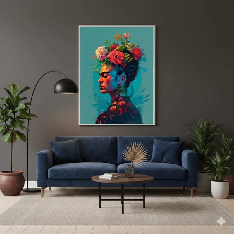 Dettagliato Frida Kahlo Ritratto Floreale su tela, con la pittrice circondata da una ricca stampa su tela botanica su sfondo scuro. Ideale per quadri moderni Frida Kahlo da salotto.