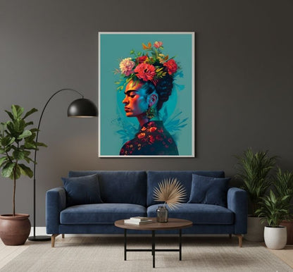Dettagliato Frida Kahlo Ritratto Floreale su tela, con la pittrice circondata da una ricca stampa su tela botanica su sfondo scuro. Ideale per quadri moderni Frida Kahlo da salotto.