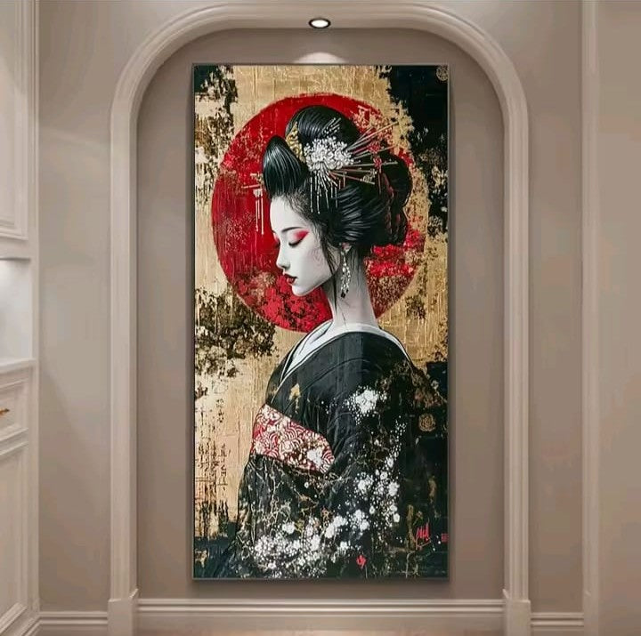 Geisha Imperiale: quadro geisha arte giapponese con kimono nero e rosso, sfondo in oro astratto e sole rosso. Stampa su tela orientale lusso in formato verticale.