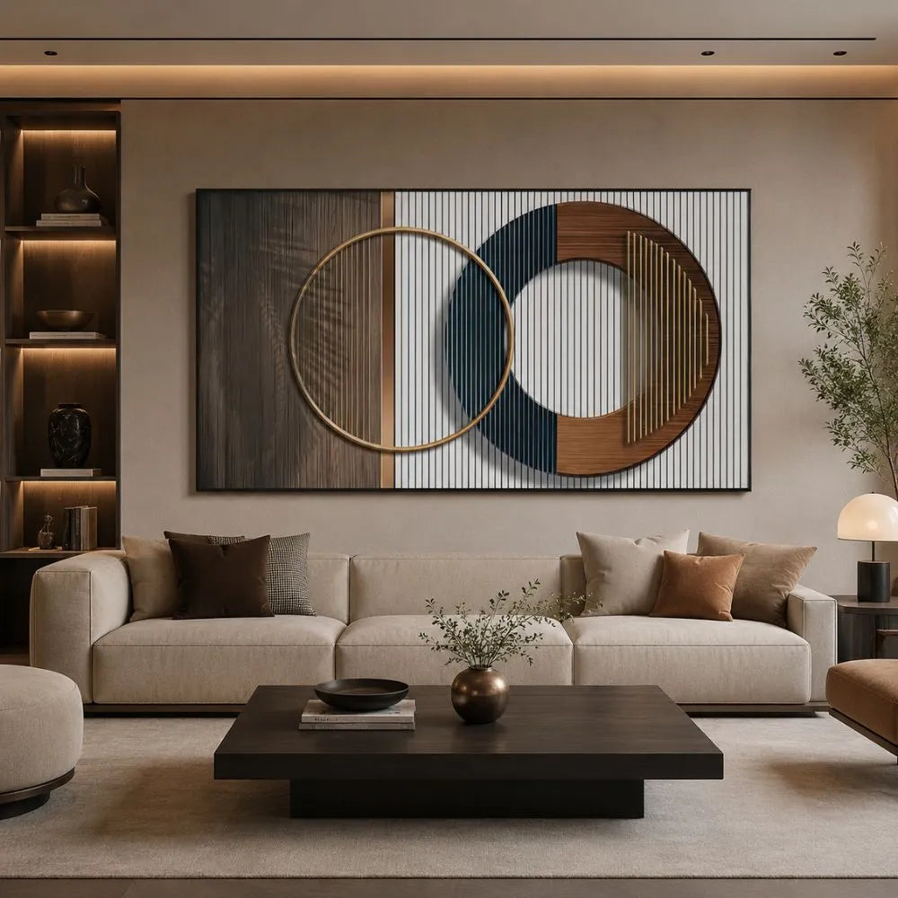 Quadro astratto completo di cornice nera minimal con forme geometriche sospese nello spazio, colori armoniosi e design moderno.