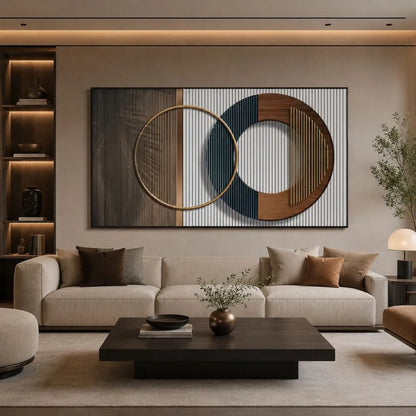Quadro astratto completo di cornice nera minimal con forme geometriche sospese nello spazio, colori armoniosi e design moderno.