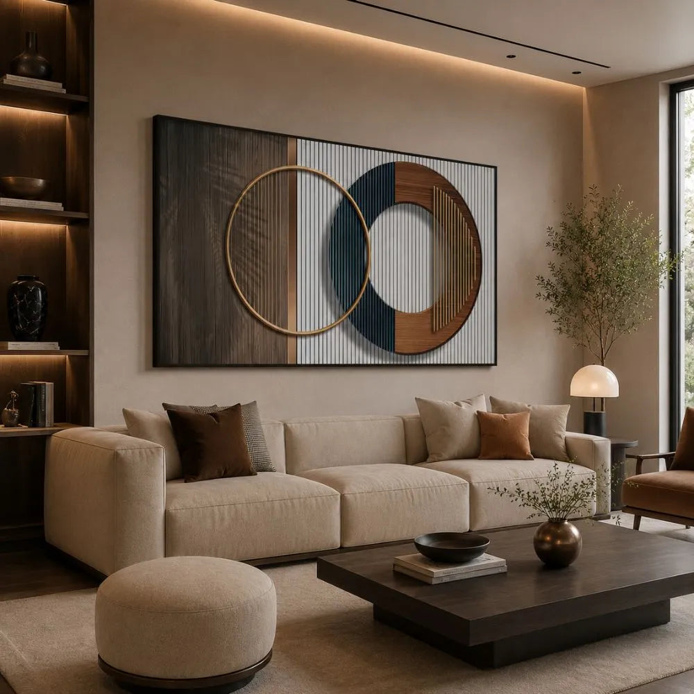 Quadro astratto completo di cornice nera minimal con forme geometriche sospese nello spazio, colori armoniosi e design moderno mostrate in visione laterale 