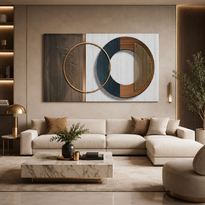 Quadro astratto con forme geometriche sospese nello spazio, colori armoniosi e design moderno.
