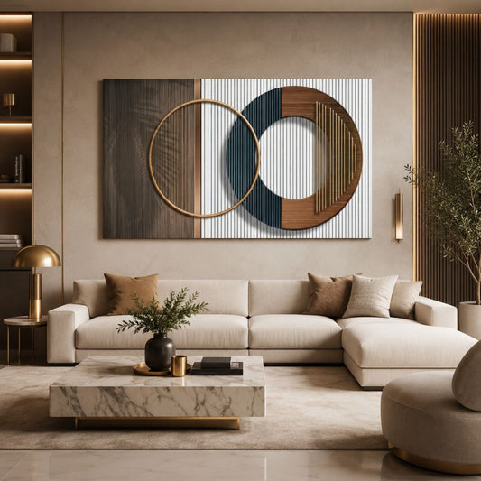 Quadro astratto con forme geometriche sospese nello spazio, colori armoniosi e design moderno.