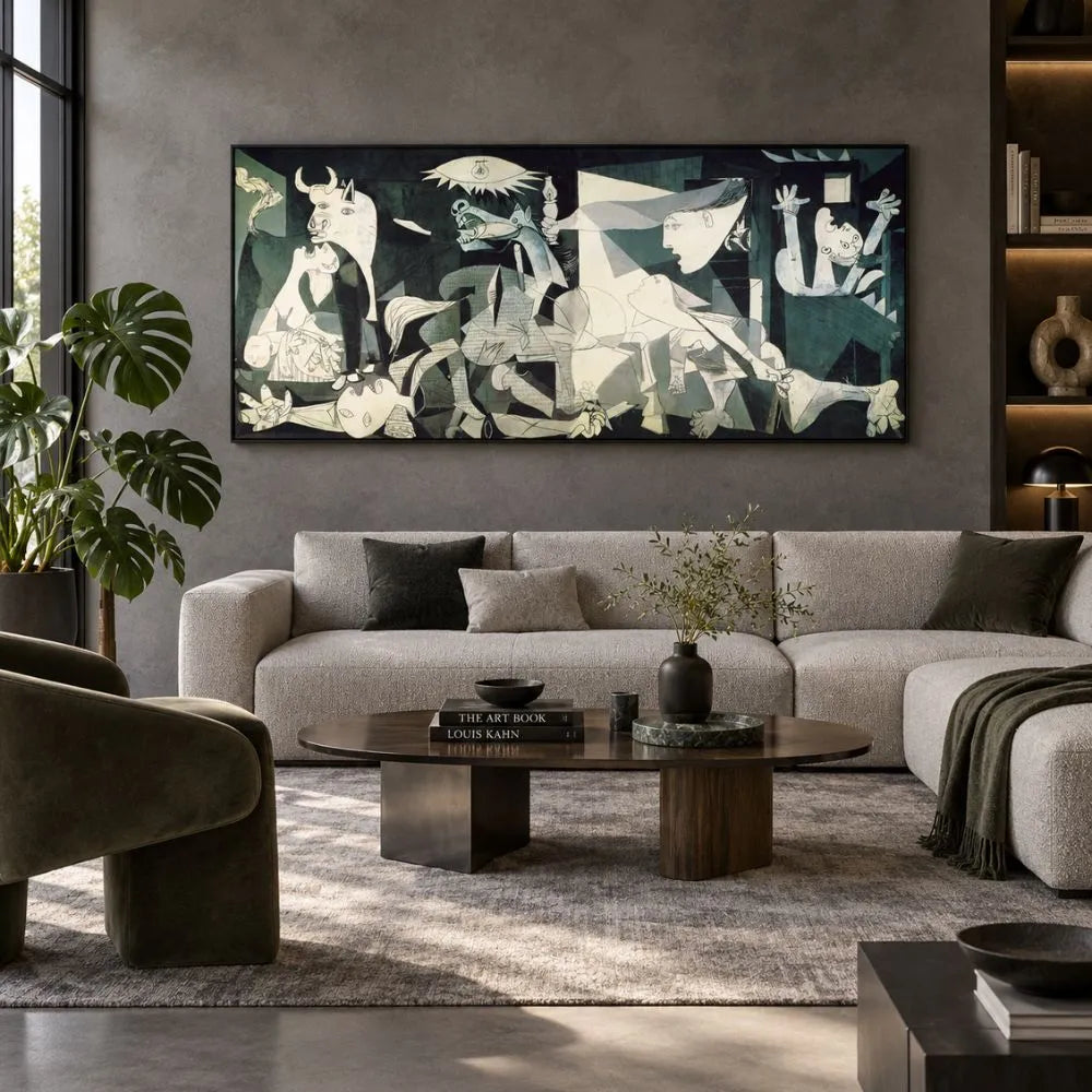Guernica di Picasso è un quadro su tela  con cornice nera, una riproduzione fedele del famoso dipinto simbolo di protesta e riflessione contro la guerra, ideale per uno spazio ricco di significato.