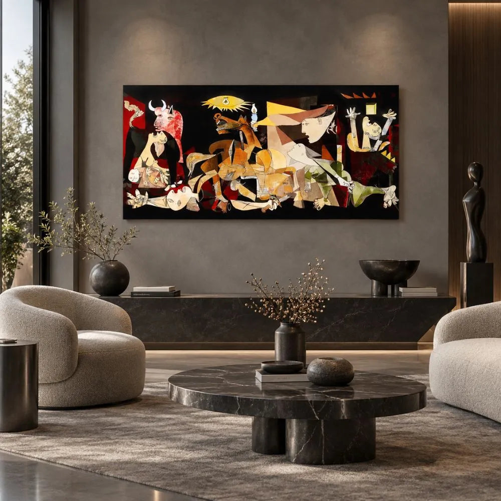Guernica di Picasso a colori , quadro su tela una riproduzione fedele del famoso dipinto simbolo di protesta e riflessione contro la guerra, ideale per uno spazio ricco di significato.