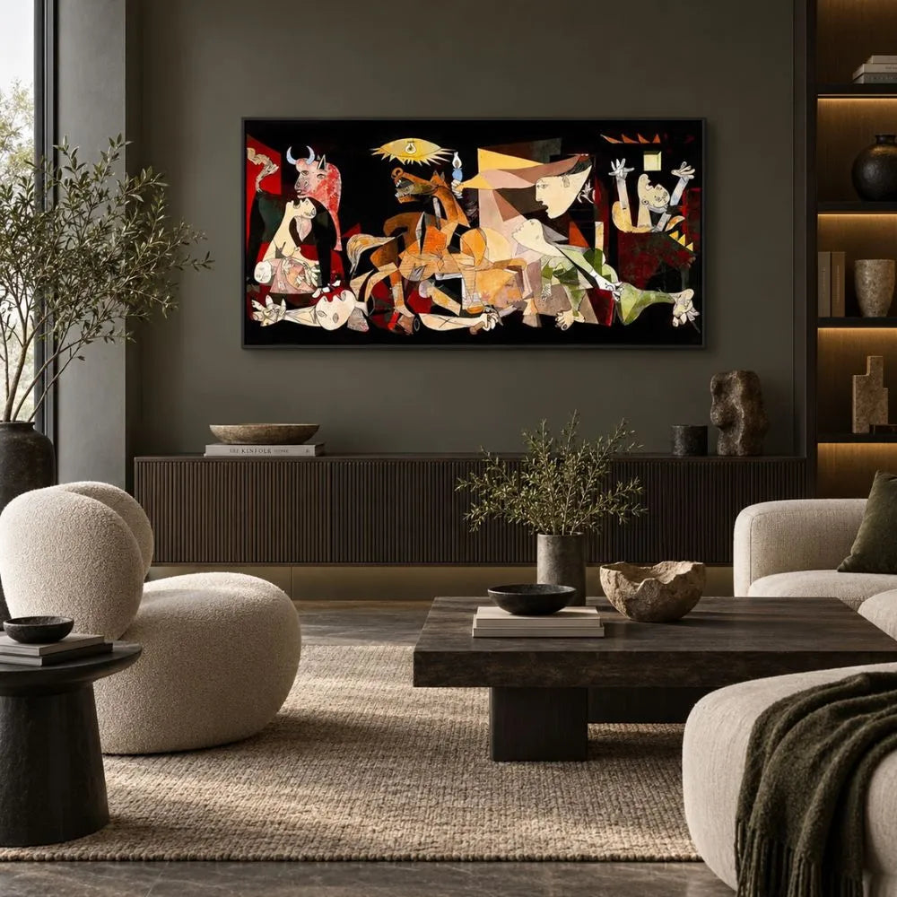 Guernica di Picasso a colori , quadro su tela con cornice nera una riproduzione fedele del famoso dipinto simbolo di protesta e riflessione contro la guerra, ideale per uno spazio ricco di significato.