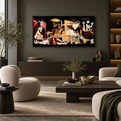 Guernica di Picasso a colori , quadro su tela con cornice nera una riproduzione fedele del famoso dipinto simbolo di protesta e riflessione contro la guerra, ideale per uno spazio ricco di significato.