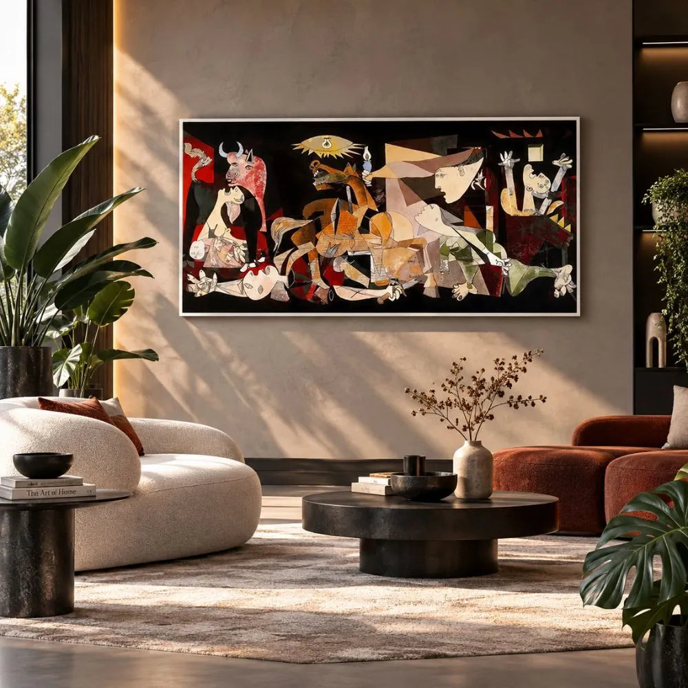 Guernica di Picasso a colori , quadro su tela con cornice bianca una riproduzione fedele del famoso dipinto simbolo di protesta e riflessione contro la guerra, ideale per uno spazio ricco di significato.