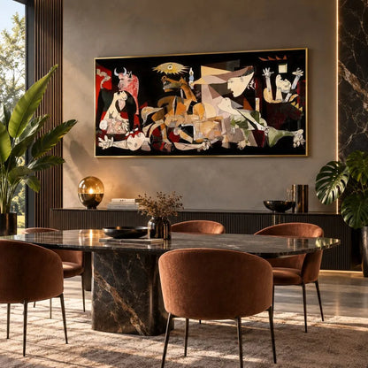 Guernica di Picasso a colori , quadro su tela con cornice oro una riproduzione fedele del famoso dipinto simbolo di protesta e riflessione contro la guerra, ideale per uno spazio ricco di significato.
