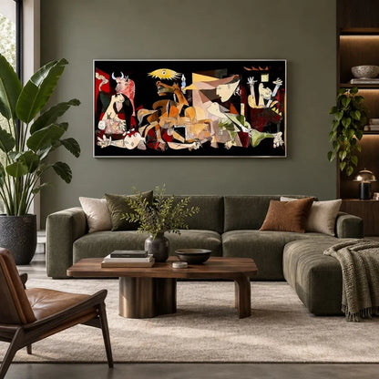 Guernica di Picasso a colori , quadro su tela con cornice argento una riproduzione fedele del famoso dipinto simbolo di protesta e riflessione contro la guerra, ideale per uno spazio ricco di significato.
