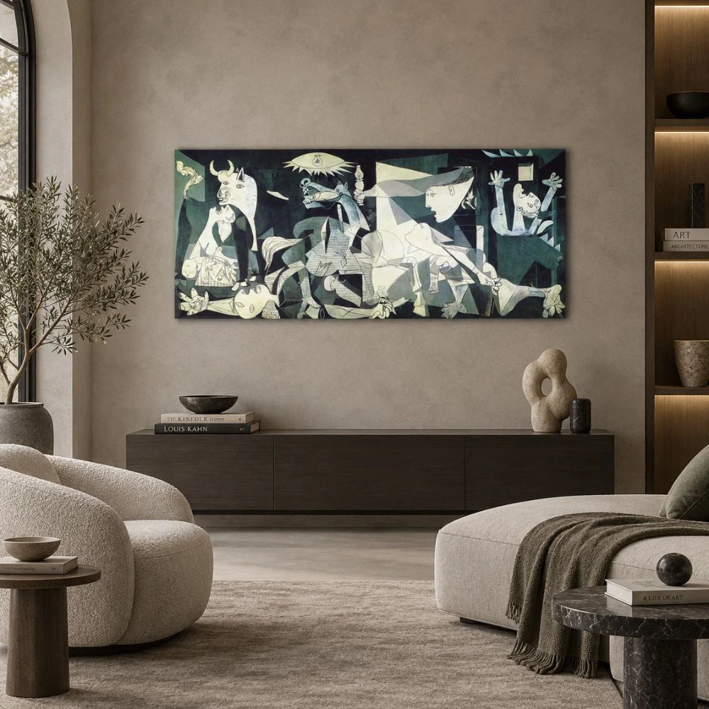 Guernica di Picasso è un quadro su tela una riproduzione fedele del famoso dipinto simbolo di protesta e riflessione contro la guerra, ideale per uno spazio ricco di significato.