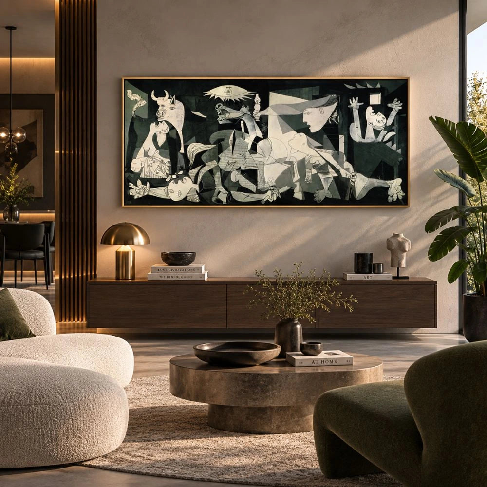 Guernica di Picasso è un quadro su tela  con cornice oro , una riproduzione fedele del famoso dipinto simbolo di protesta e riflessione contro la guerra, ideale per uno spazio ricco di significato.