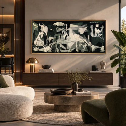 Guernica di Picasso è un quadro su tela  con cornice oro , una riproduzione fedele del famoso dipinto simbolo di protesta e riflessione contro la guerra, ideale per uno spazio ricco di significato.