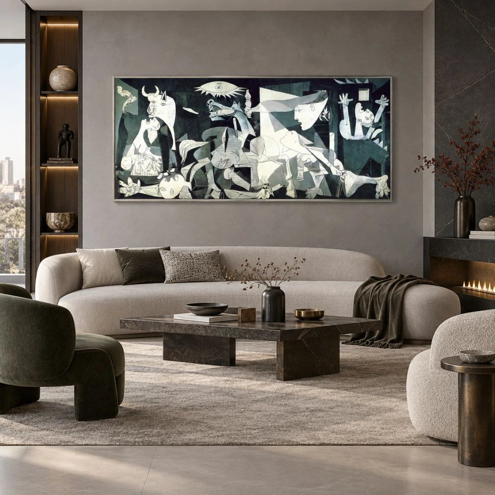 Guernica di Picasso è un quadro su tela  con cornice argento, una riproduzione fedele del famoso dipinto simbolo di protesta e riflessione contro la guerra, ideale per uno spazio ricco di significato.