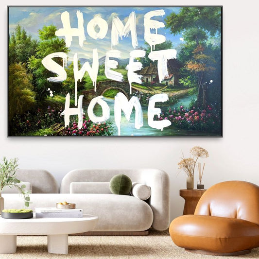 Riproduzione su tela dell'opera Home Sweet Home in stile Banksy, arte urbana per arredamento moderno