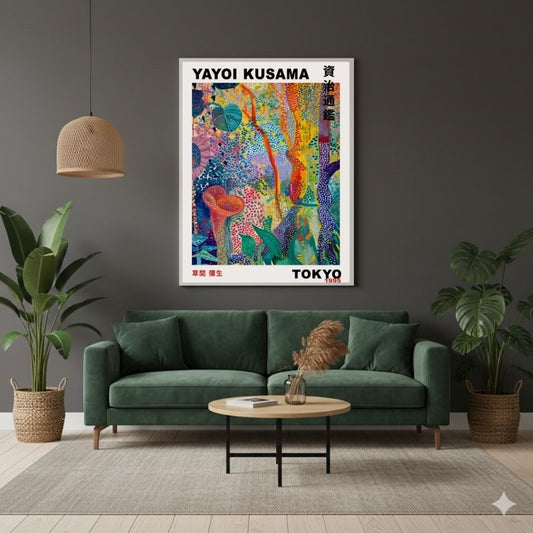 Il Bosco Psichedelico Yayoi Kusama: quadro pop surrealismo con stampa su tela alberi a pois rossi e verdi che creano un intenso effetto ottico e dinamico.