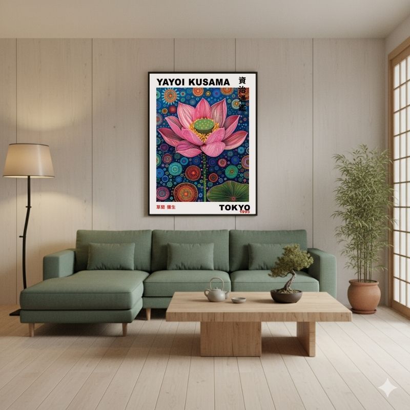 Il Loto Cosmico Yayoi Kusama: quadro su tela Pop Art astratto che raffigura un loto con stampa floreale a pois in colori brillanti, tipico dello stile Pop Art dell'artista.