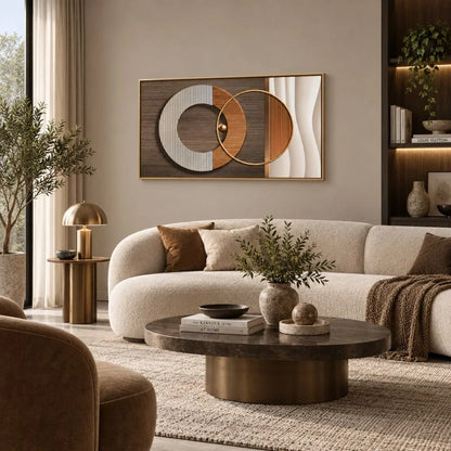 Intreccio Moderno – quadro su tela con cornice oro astratto su tela con linee e forme intrecciate, stile contemporaneo Made in Italy, visione laterale 
