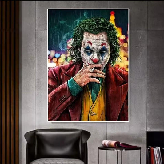 Quadro su tela “Joker” in stile pop art con volto intenso e colori vivaci.
