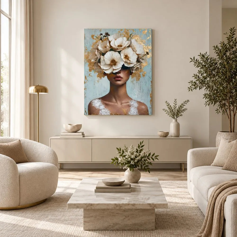 Anima in fiore quadro su tela di una donna con il volto nascosto da un rigoglioso copricapo di fiori bianchi e dettagli in foglia oro su uno sfondo materico azzurro e bianco.